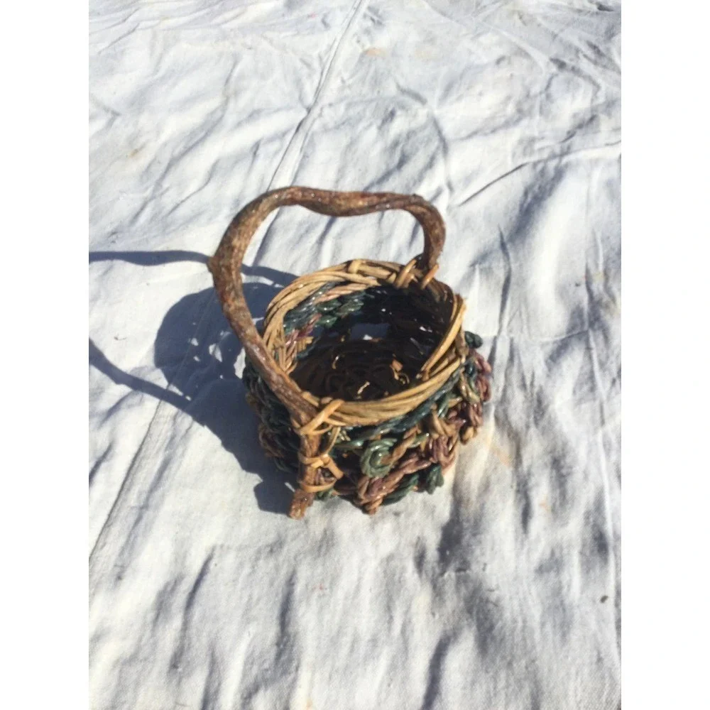 Rustic handmade small‎ basket 7” 7 in brown green bohemian rustic witch fairy
